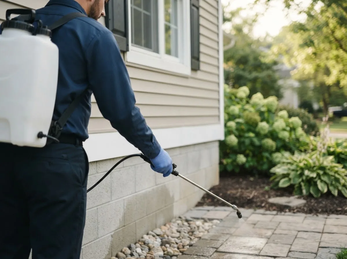 Pest control technician inspecting a home in Moravia, NY